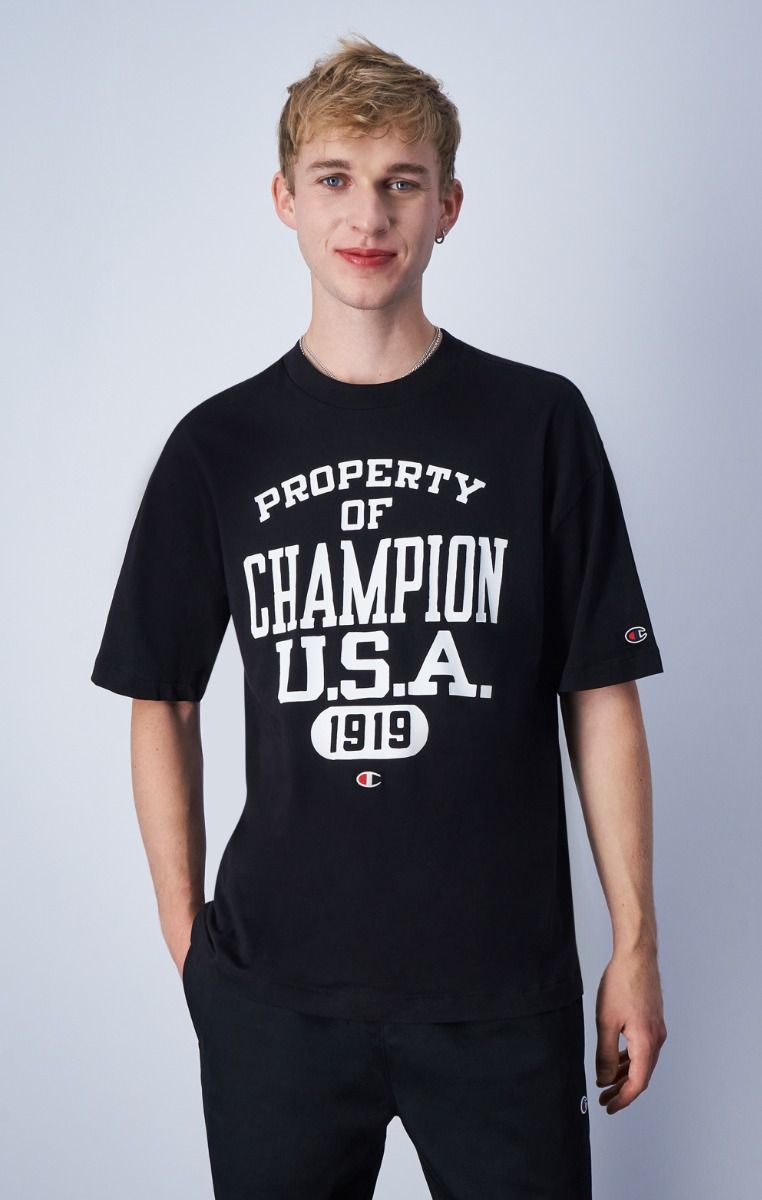 CHAMPION CREWNECK T-SHIRT เสื้อยืดทีเชิ๊ต ผู้ชาย 219856-KK003 Black - 1 Supersports Thailand