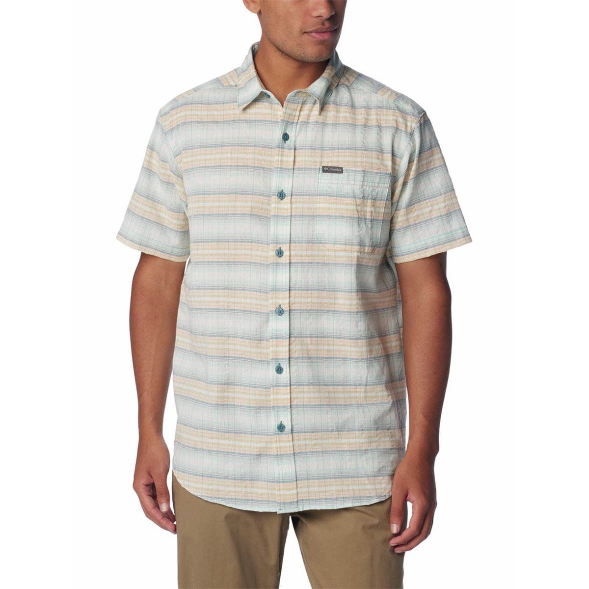 Columbia Rapid Rivers novità Manica Corta Camicia da Escursionismo, Azzurro Chiaro a Righe, 3X Uomo